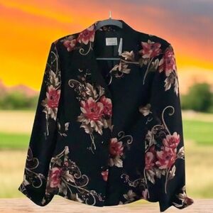 EMMA James Jacket floral flowers button front size 14 red black gold lin…